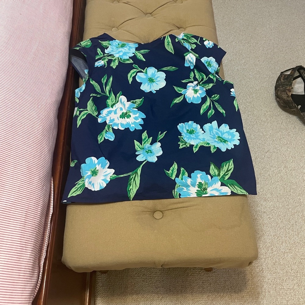 Talbots Navy Floral Cap-Sleeve Blouse with Aqua Blooms